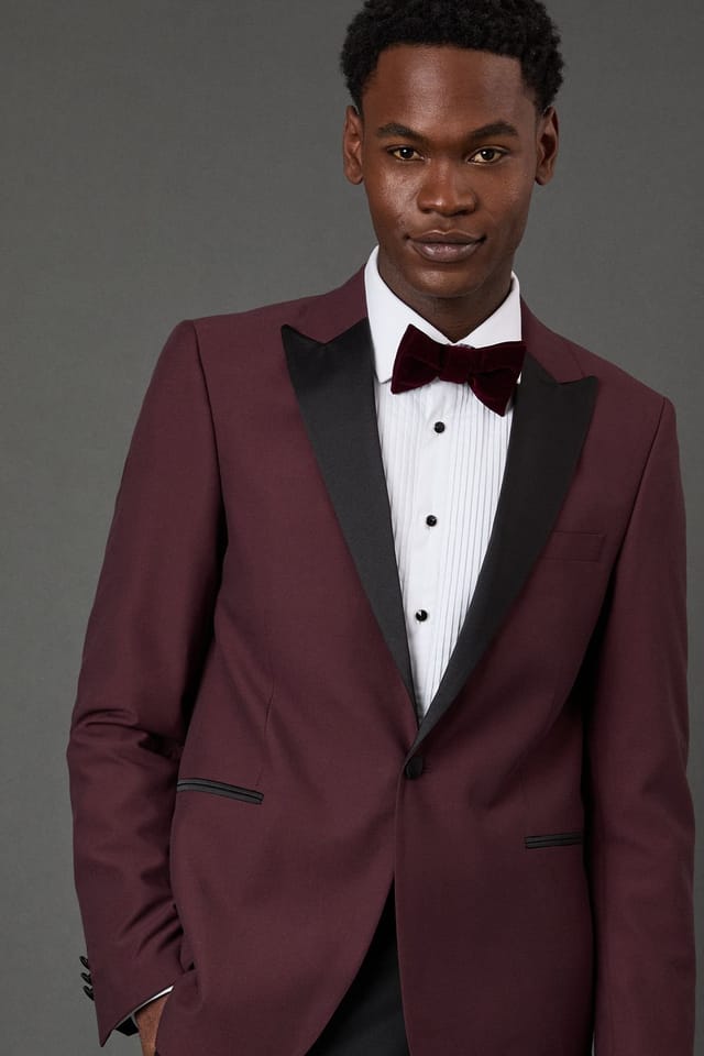 Burton Burton Men's Burgundy Peak Collar Tailored Fit Tuxedo Jacket - 2
