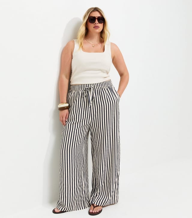 New Look Women's Plus Size Navy Stripe Print Wide Leg Trousers Curves New Look - 3