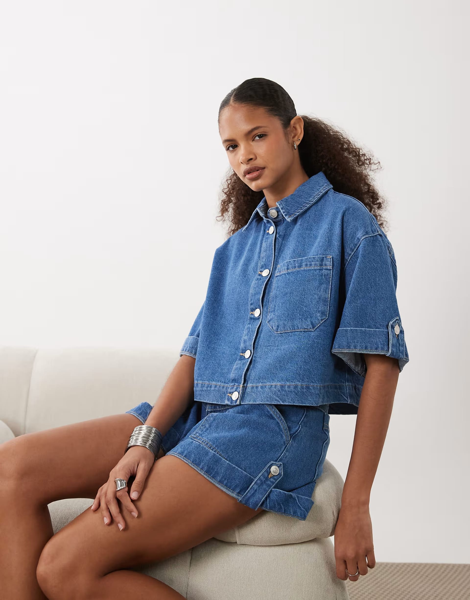 ASOS DESIGN Mid Blue Denim Boxy Shirt Co-ord