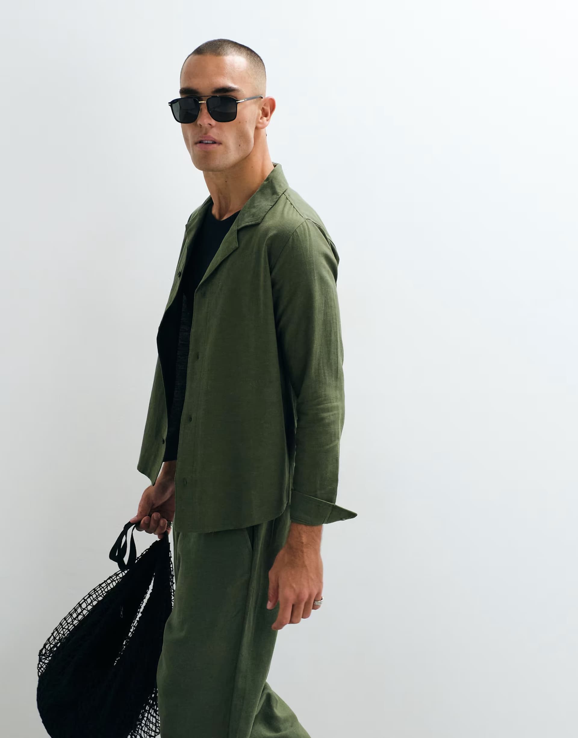 ASOS Belier linen mix long sleeve shirt co-ord in olive