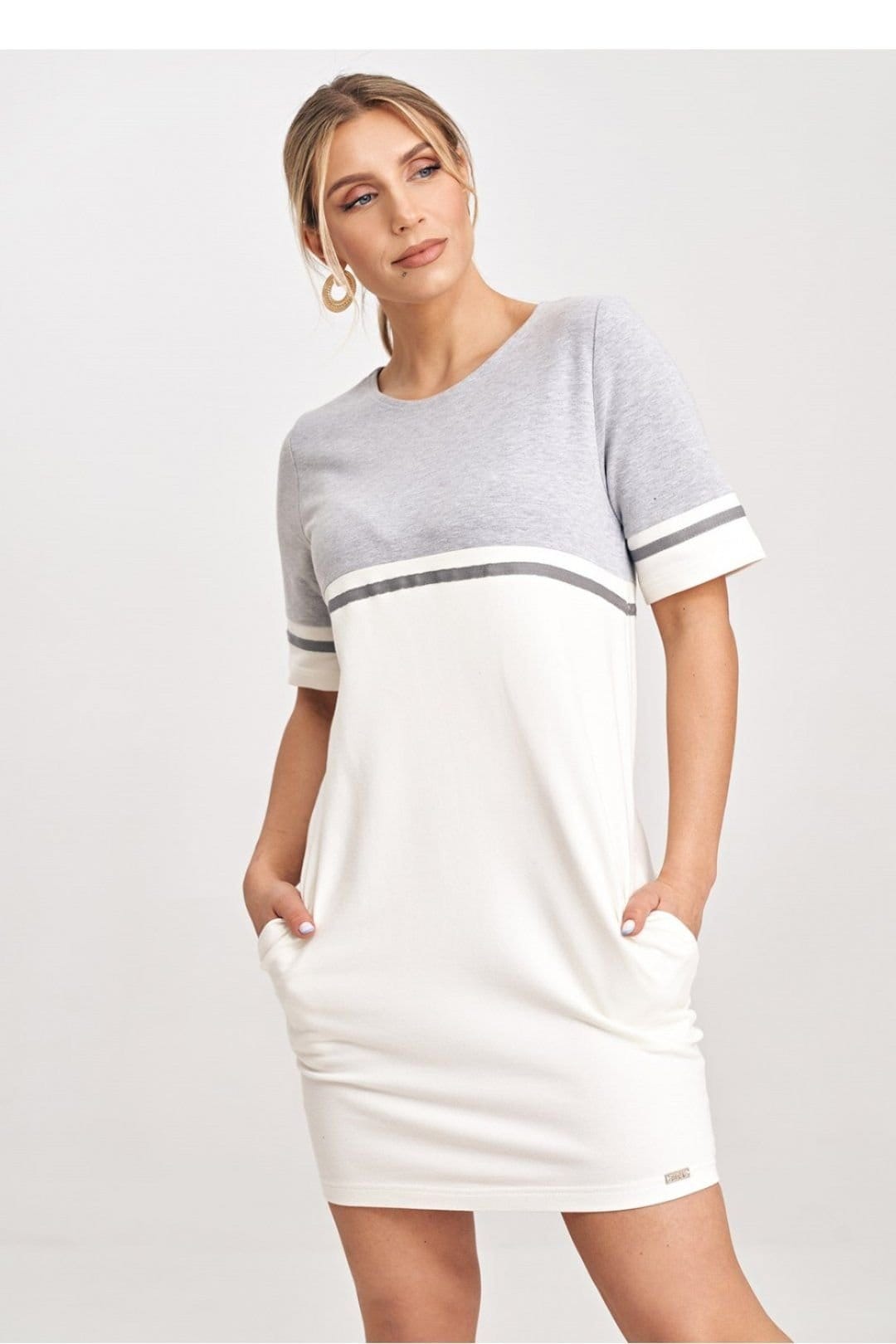 Love Lace Grey Two-Tone Cotton Mini Dress With Belt Pockets