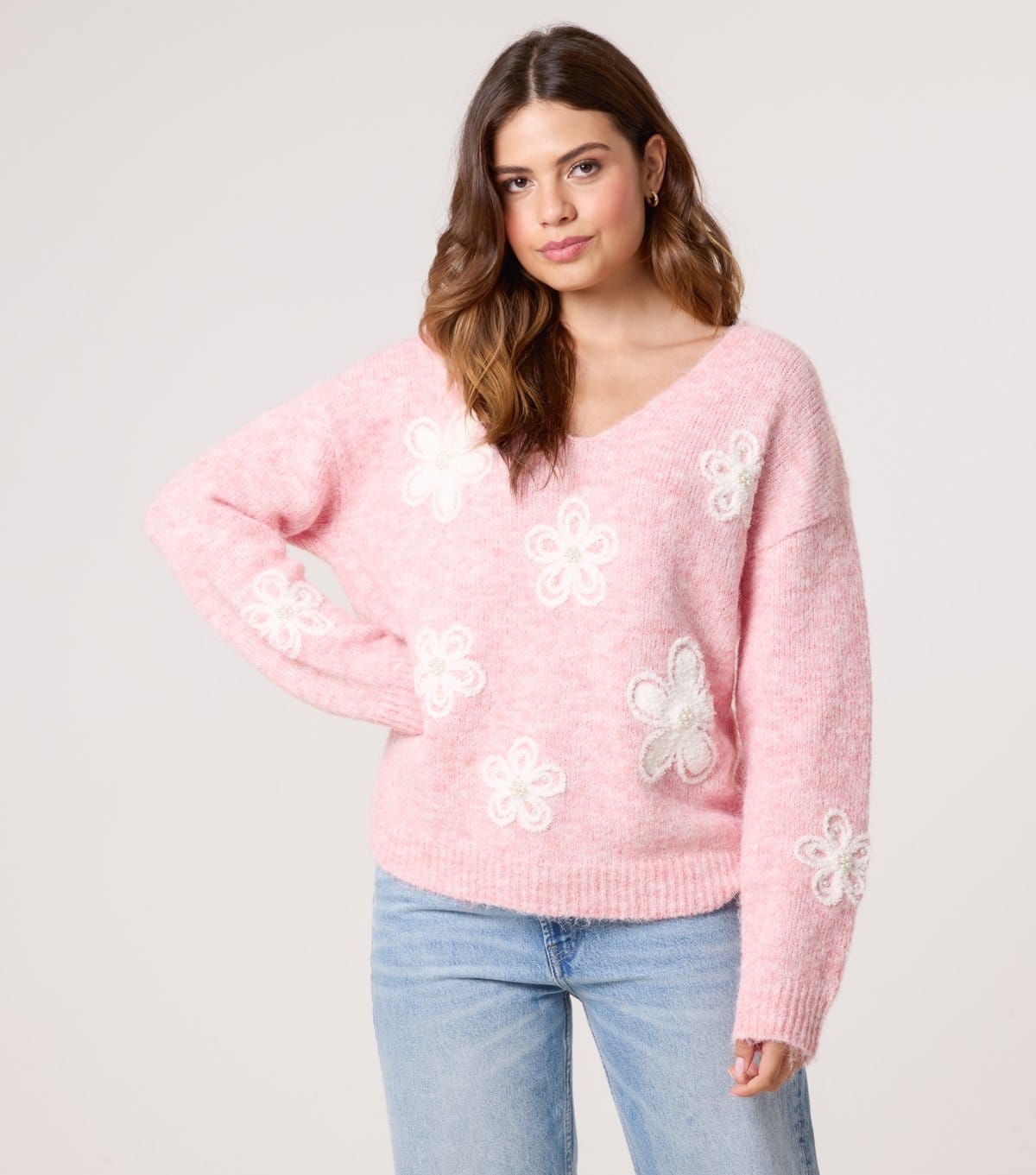 Blue Vanilla Pink V-Neck Floral Embellished Jumper
