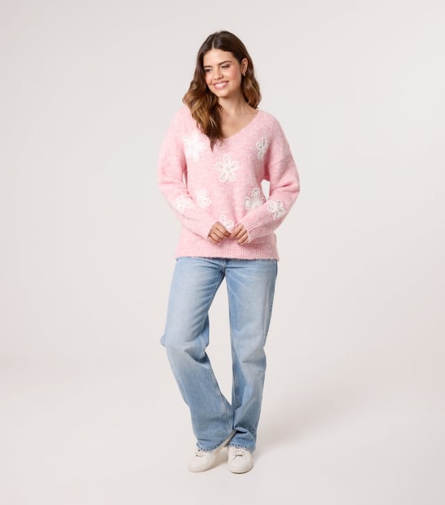 Blue Vanilla Women's Pink V-Neck Floral Pearl Embellished Jumper Blue Vanilla New Look - 2