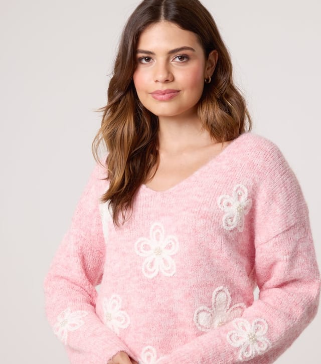 Blue Vanilla Women's Pink V-Neck Floral Pearl Embellished Jumper Blue Vanilla New Look - 3