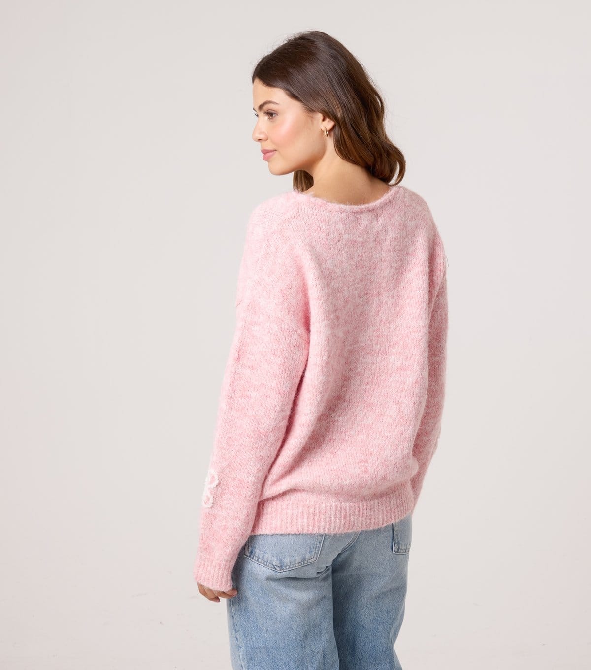 Blue Vanilla Women's Pink V-Neck Floral Pearl Embellished Jumper Blue Vanilla New Look - 4