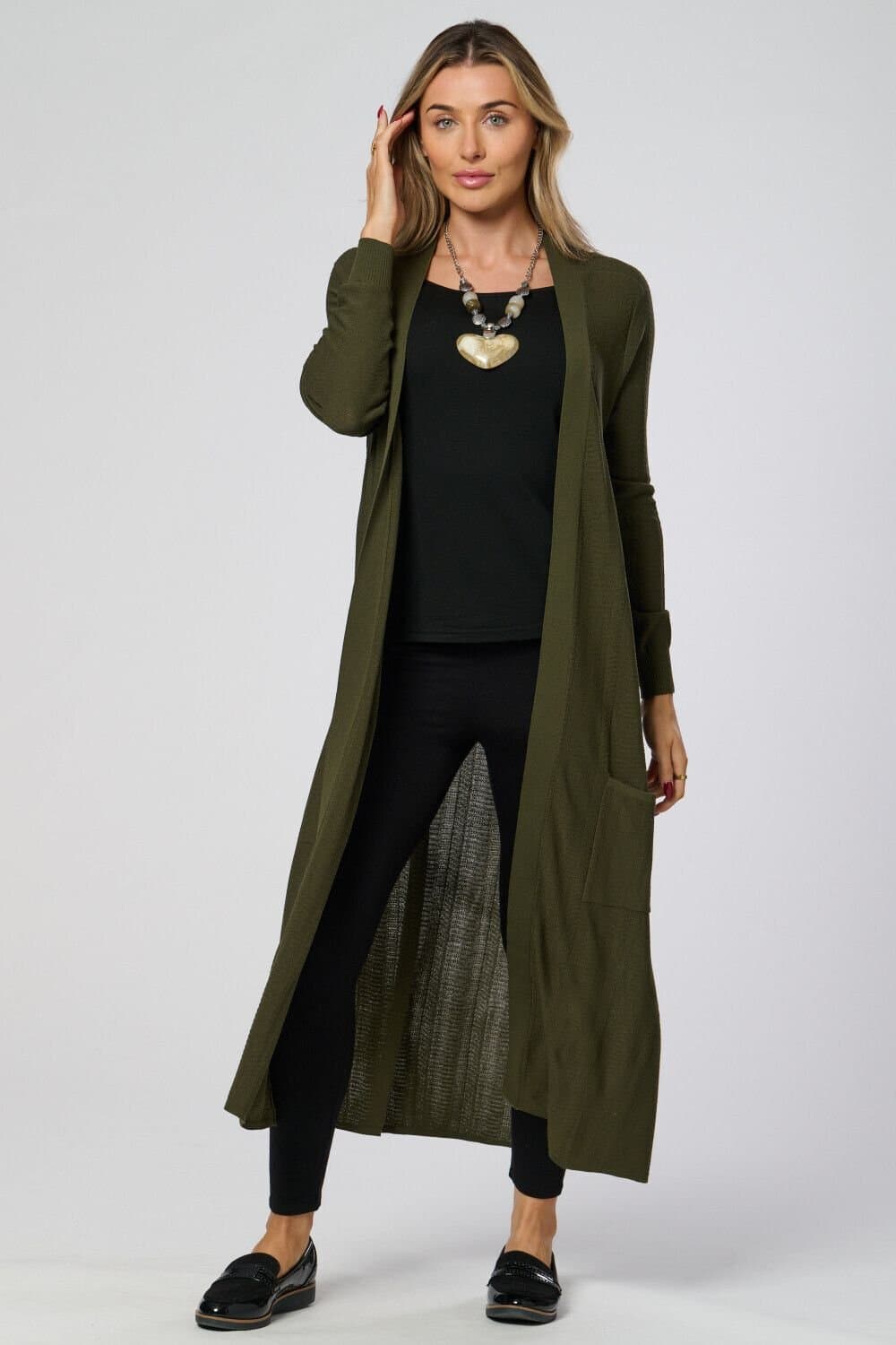 Saloos Saloos Women's Longline Open-Front Cardigan in Khaki