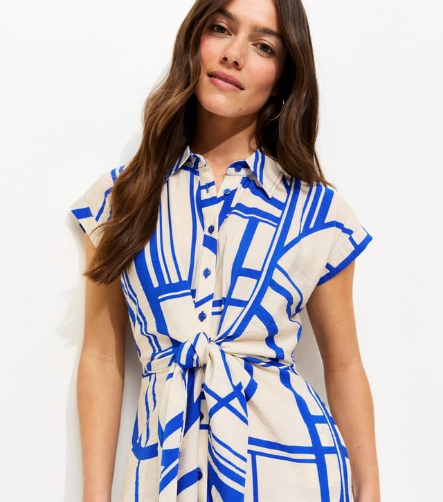 New Look Women's Petite Blue Geometric Print Twist Front Midi Shirt Dress New Look - 2