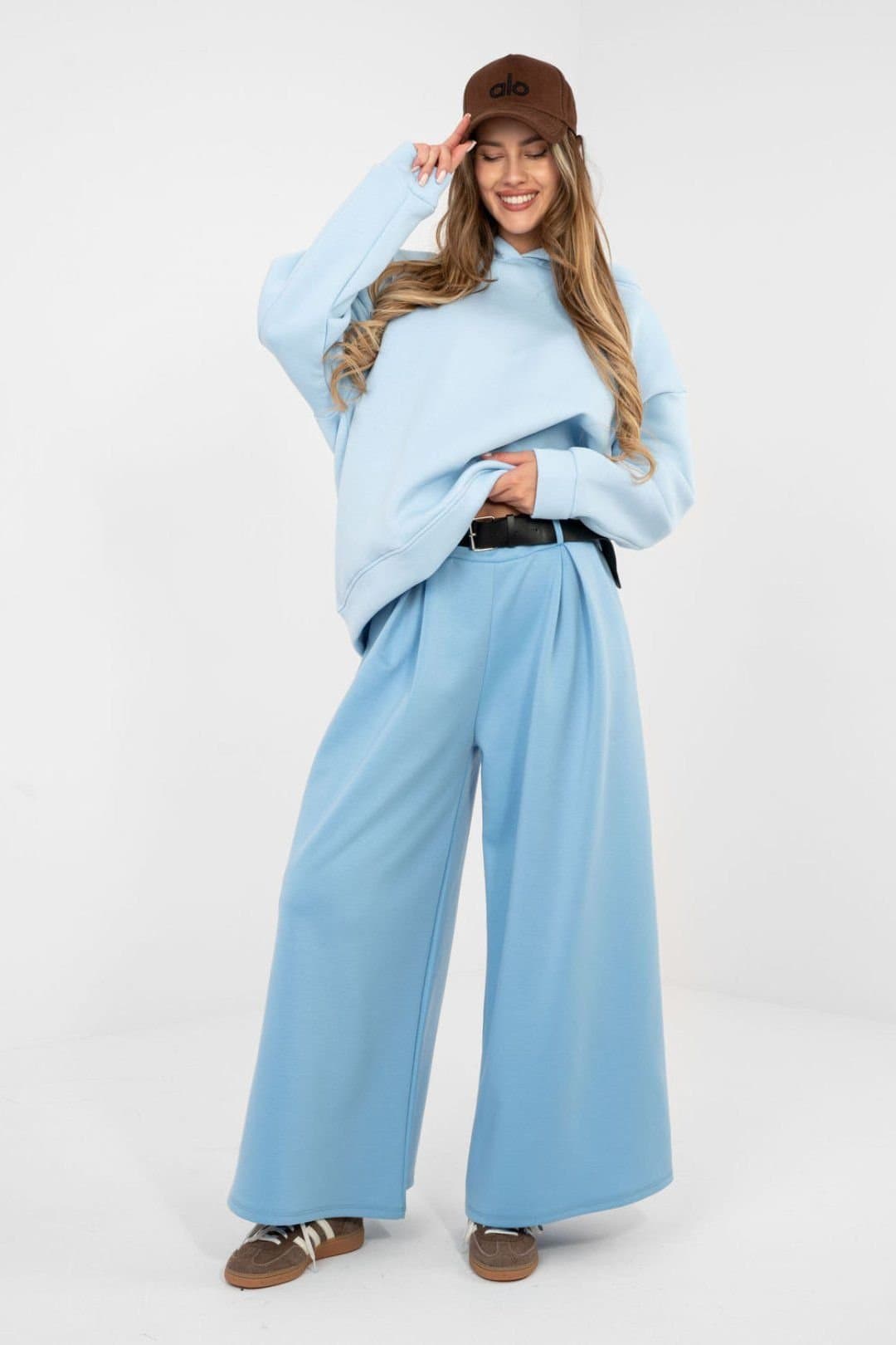 Love Lace Love Lace Blue High Waist Palazzo Sweatpants with Belt