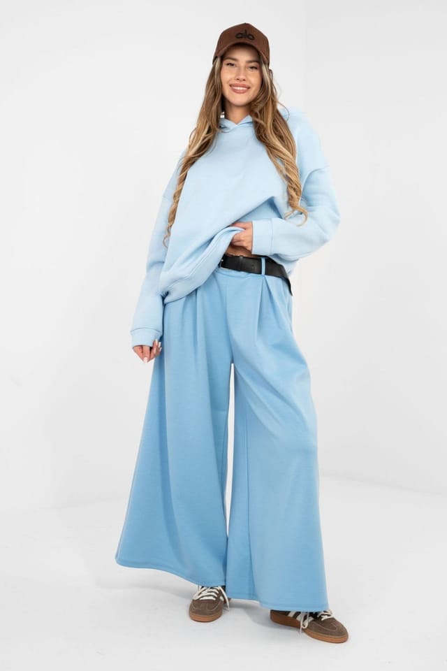Love Lace Love Lace Women's Elegant High Waist Palazzo Sweatpants with Belt in Blue - 3