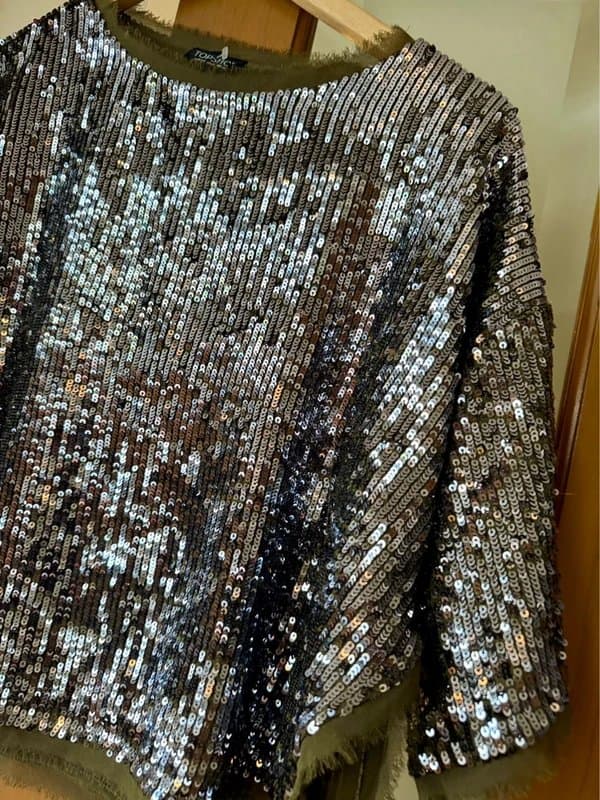 Topshop Topshop stunning khaki silver sequin embellished party top size 10
