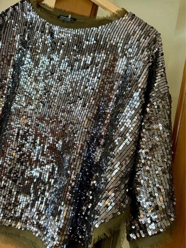 Topshop Khaki & Silver Sequin Embellished Party Top Size 10