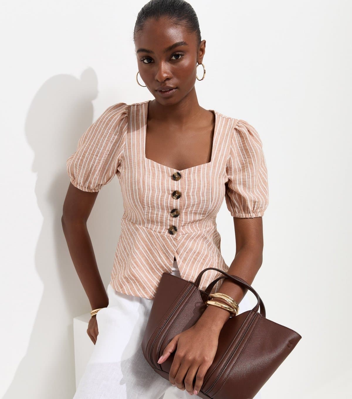 New Look Women's Cream Stripe Peplum Hem Puff Sleeve Top New Look