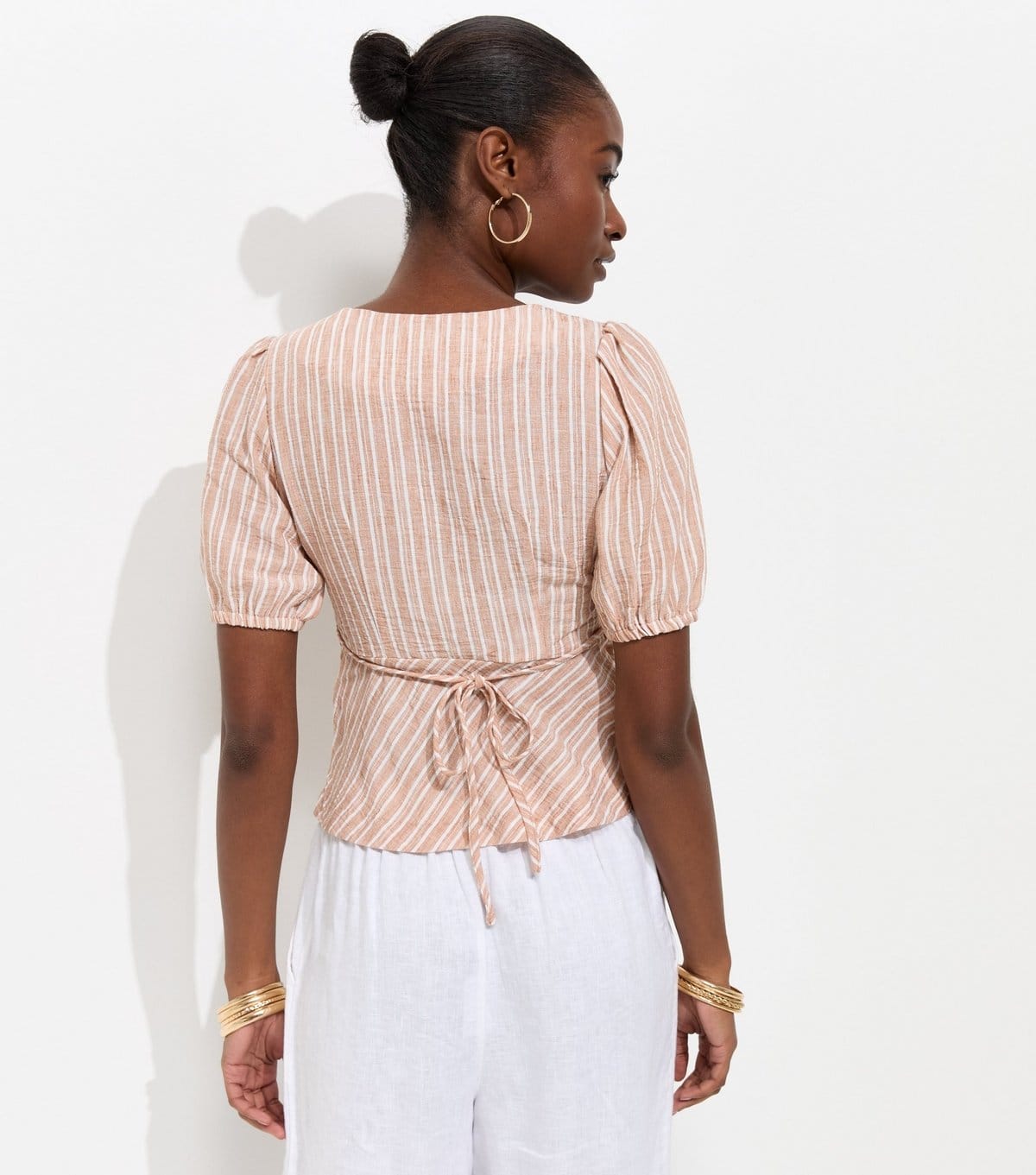 New Look Women's Cream Stripe Peplum Hem Puff Sleeve Top New Look - 4