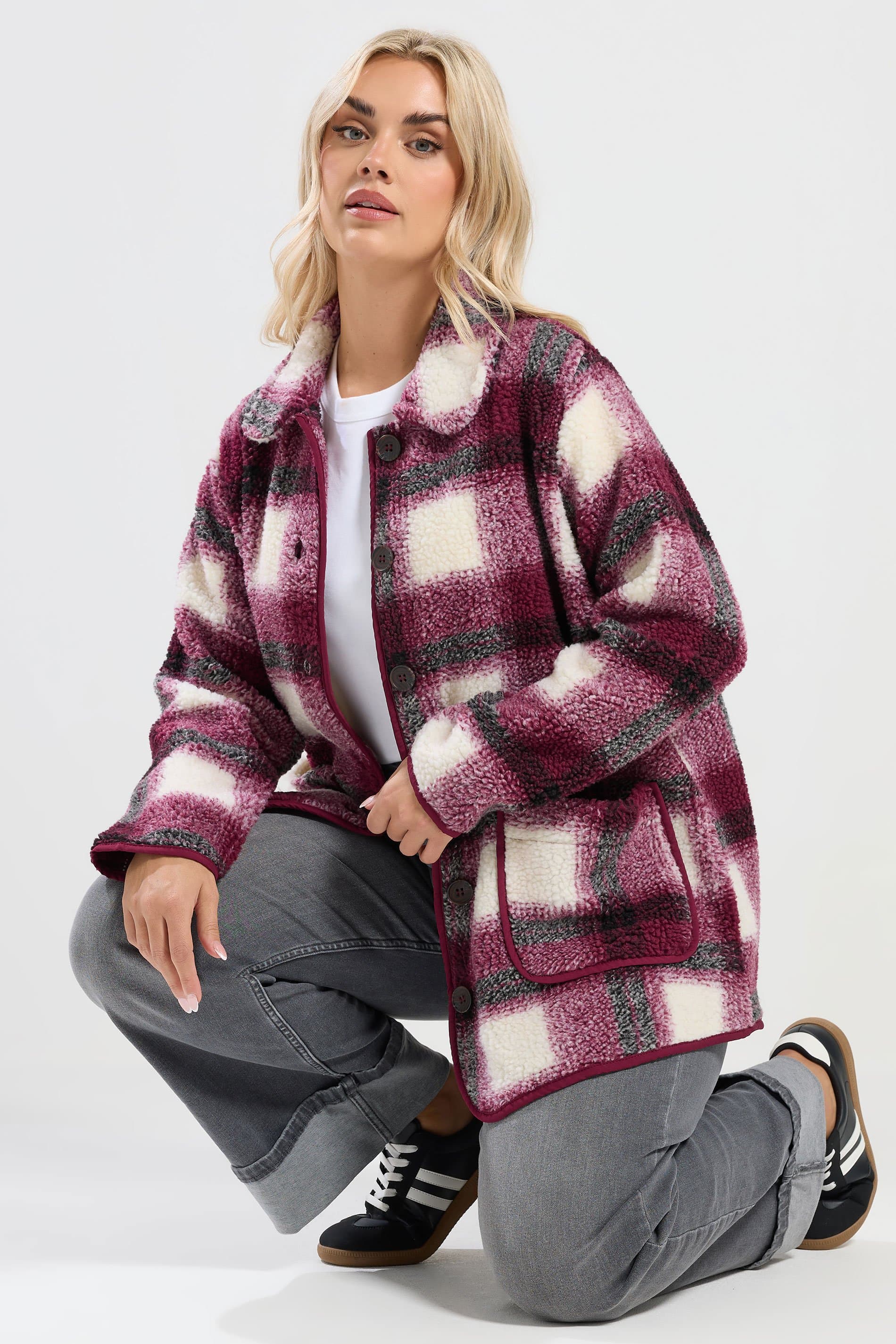 Yours Plus Size Burgundy Red Check Teddy Fleece Jacket
