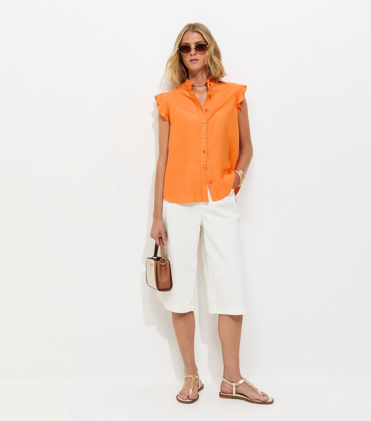 New Look Women's Bright Orange Frilly Cap Sleeve Shirt New Look