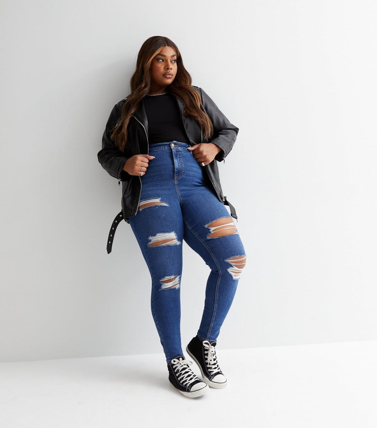 New Look Women's Plus Size Blue Ripped Mid Rise Amie Skinny Jeans Curves New Look - 1