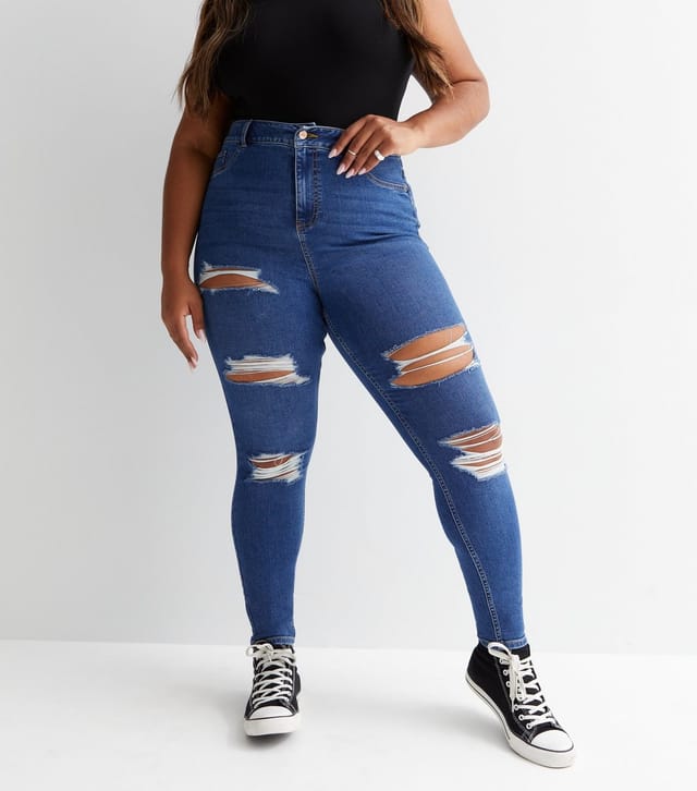 New Look Women's Plus Size Blue Ripped Mid Rise Amie Skinny Jeans Curves New Look - 2