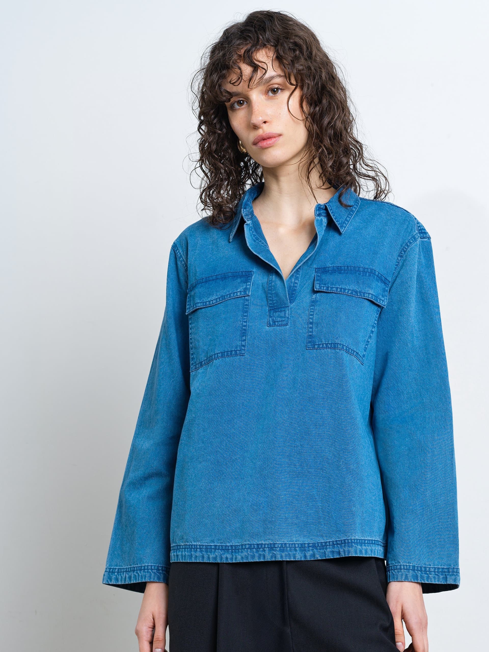 French Connection Zaves Chambray Denim Pocket Shirt Medium Bleach Wash Blue