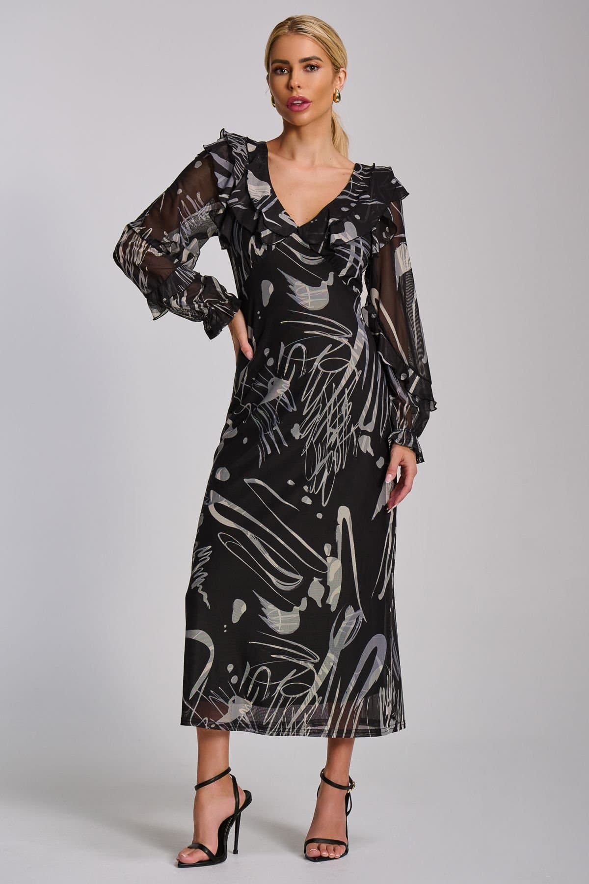 Jolie Moi Jolie Moi Women's Ruffle V Neck Long Sleeve Mesh Maxi Dress in Dark Grey