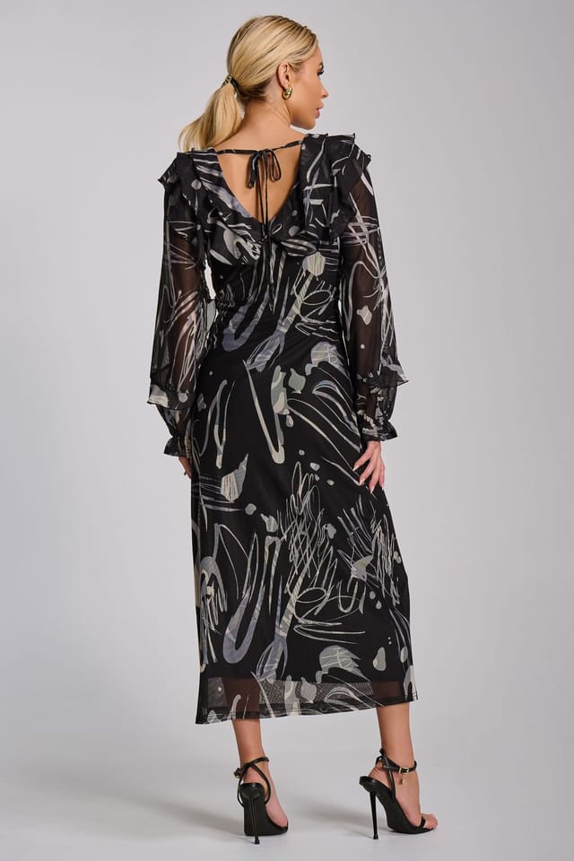 Jolie Moi Jolie Moi Women's Ruffle V Neck Long Sleeve Mesh Maxi Dress in Dark Grey - 2