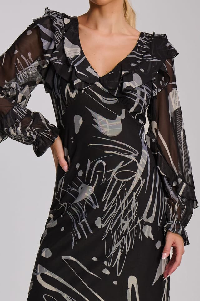 Jolie Moi Jolie Moi Women's Ruffle V Neck Long Sleeve Mesh Maxi Dress in Dark Grey - 3