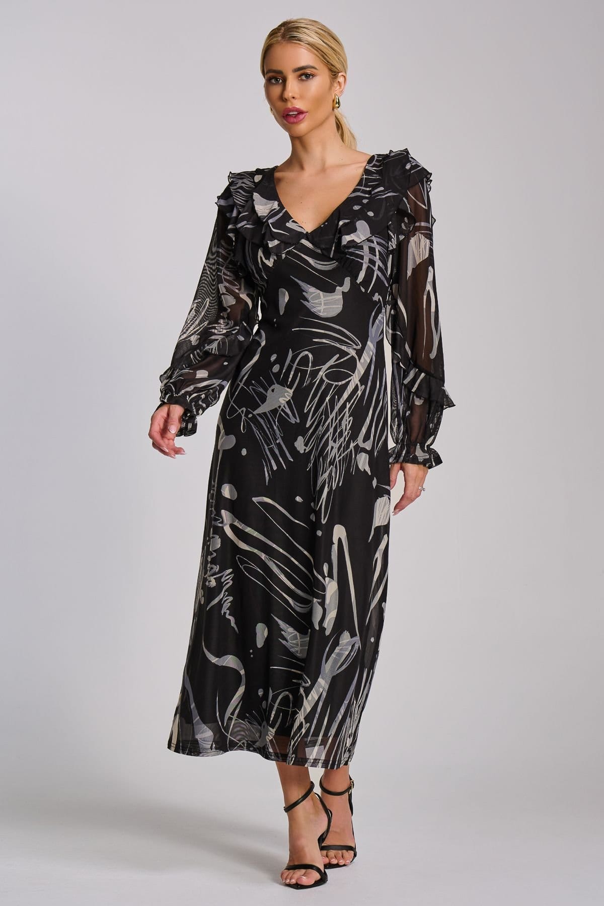 Jolie Moi Jolie Moi Women's Ruffle V Neck Long Sleeve Mesh Maxi Dress in Dark Grey - 4