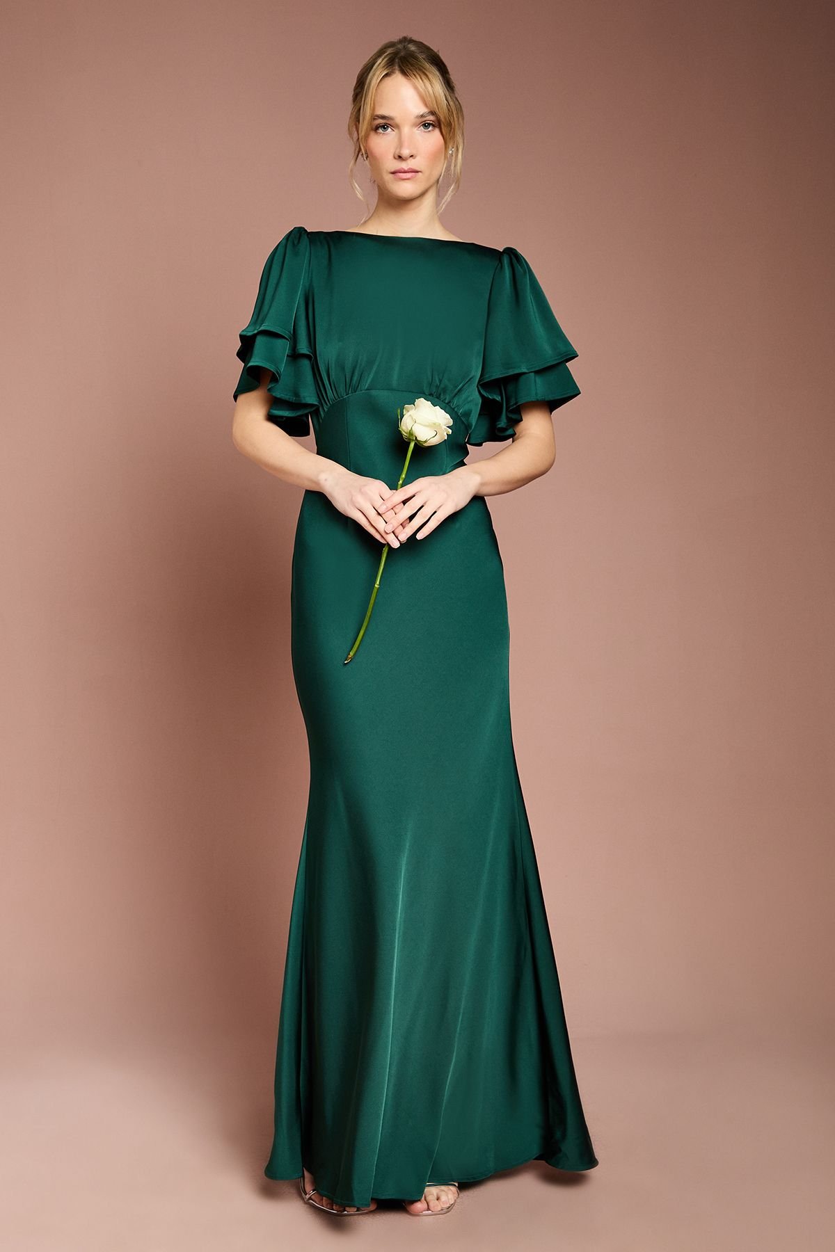 Coast Coast Women's Honoured Satin Back Crepe High Neck Short Sleeve Maxi Bridesmaid Dress in Emerald - 2