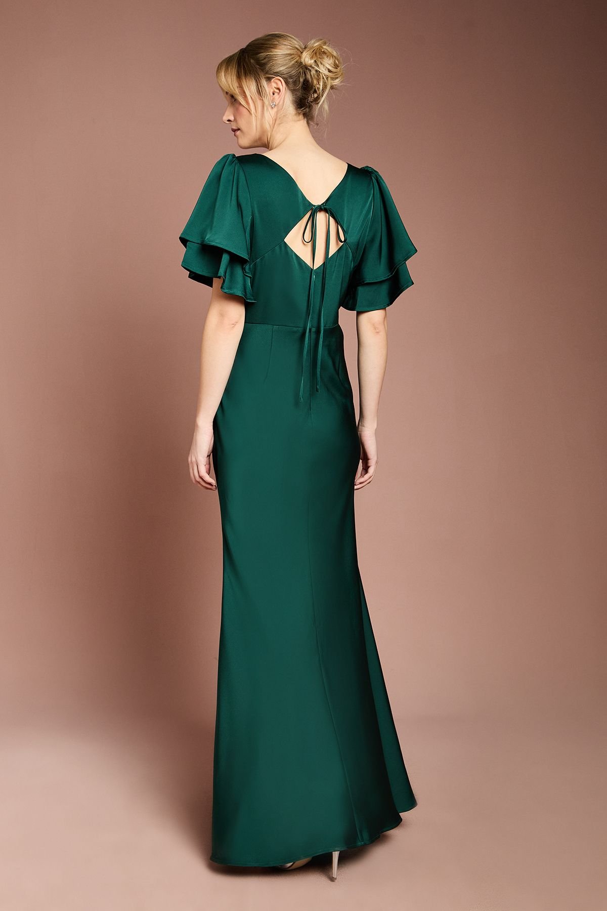 Coast Coast Women's Honoured Satin Back Crepe High Neck Short Sleeve Maxi Bridesmaid Dress in Emerald - 3