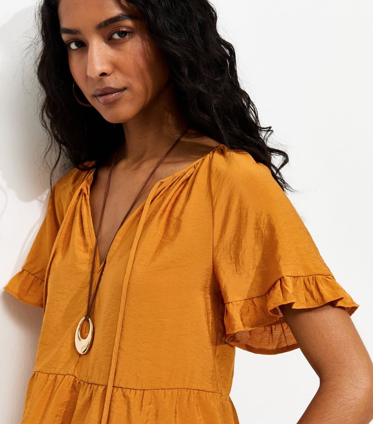 New Look Women's Dark Yellow Tiered Tie Neck Top New Look