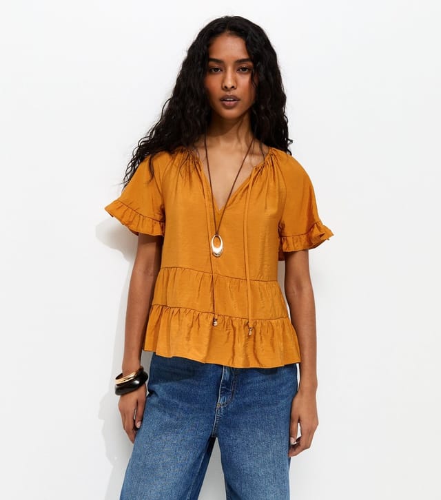 New Look Women's Dark Yellow Tiered Tie Neck Top New Look - 2