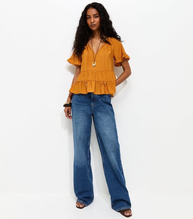 New Look Women's Dark Yellow Tiered Tie Neck Top New Look - 3