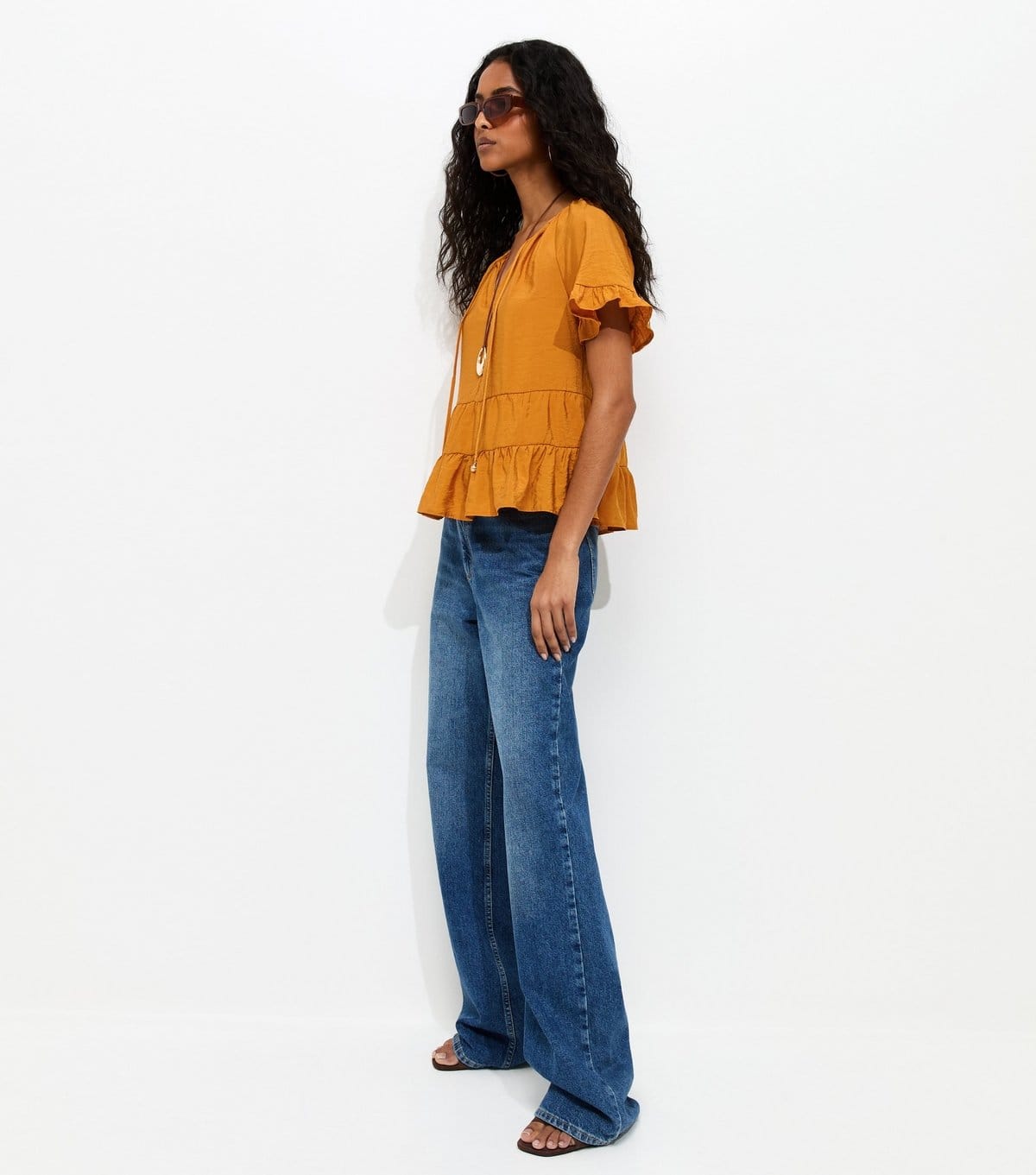 New Look Women's Dark Yellow Tiered Tie Neck Top New Look - 4