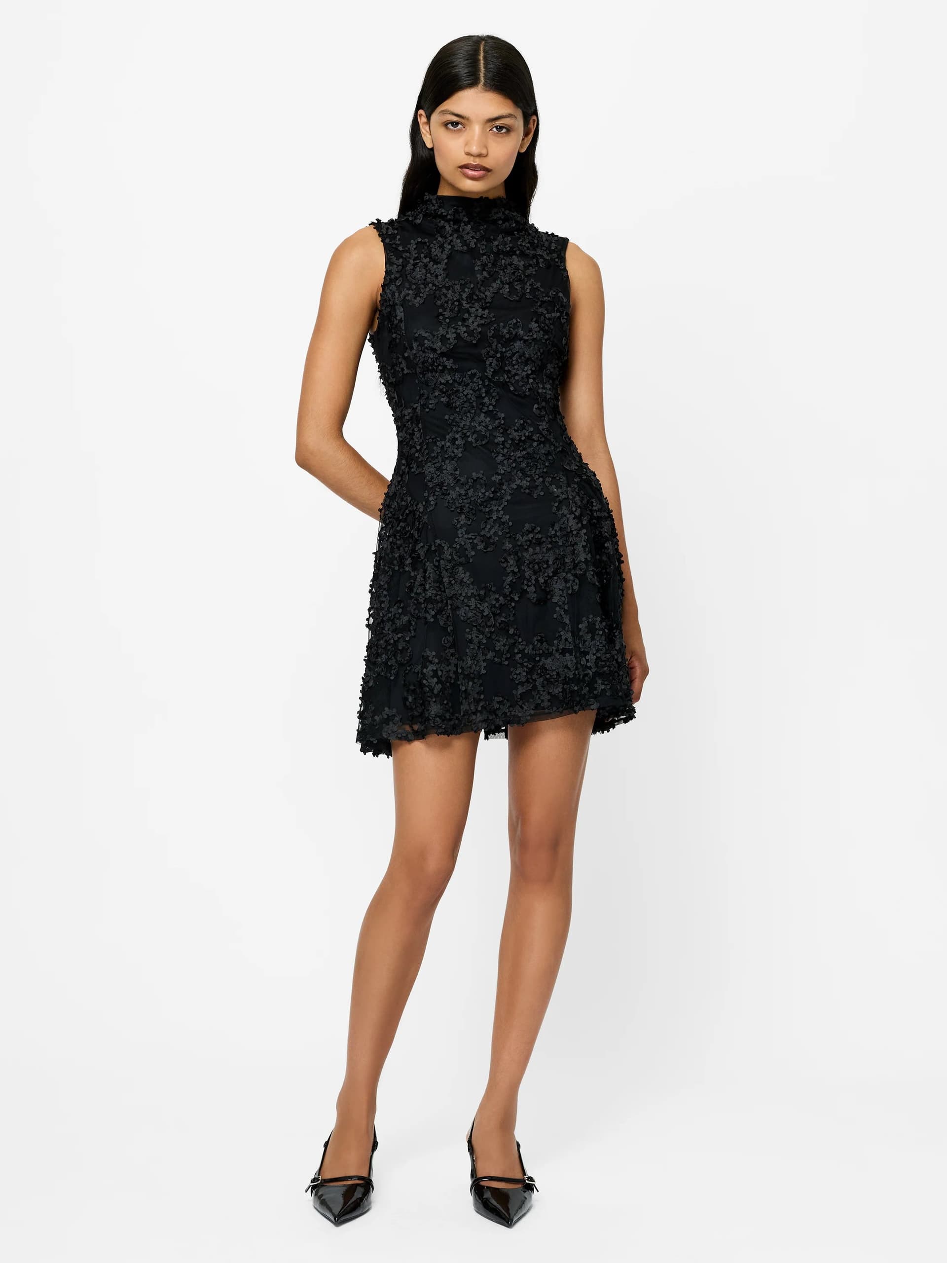 French Connection Leah Black 3D Floral High Neck Mini Dress Black