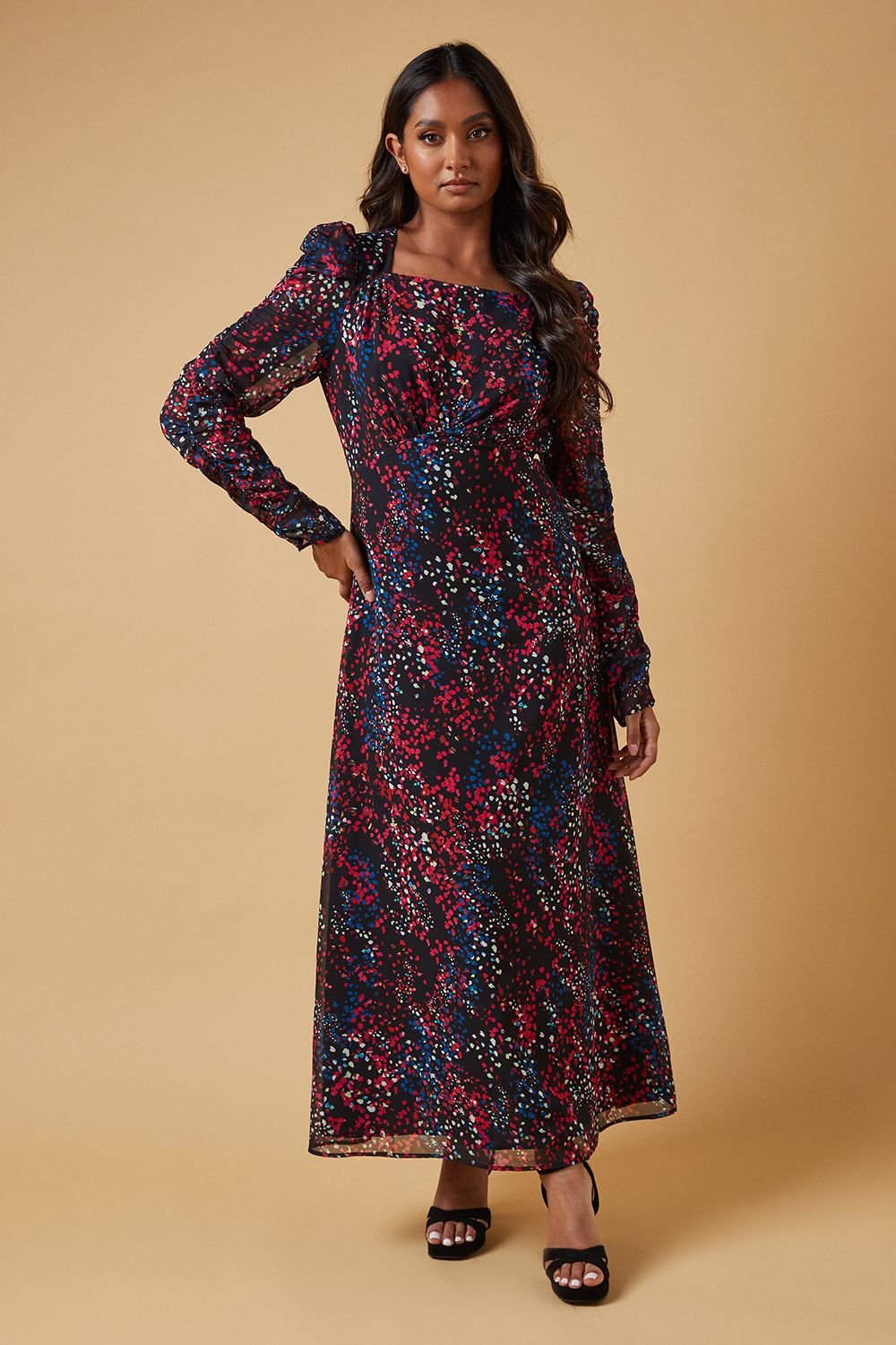 Oasis Oasis Women's Occasion Abstract Spot Ruched Sleeve Midaxi Dress in Black - 2