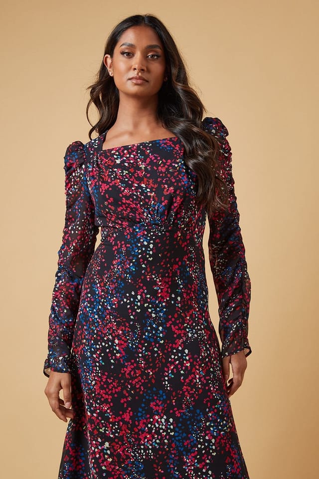 Oasis Oasis Women's Occasion Abstract Spot Ruched Sleeve Midaxi Dress in Black - 2