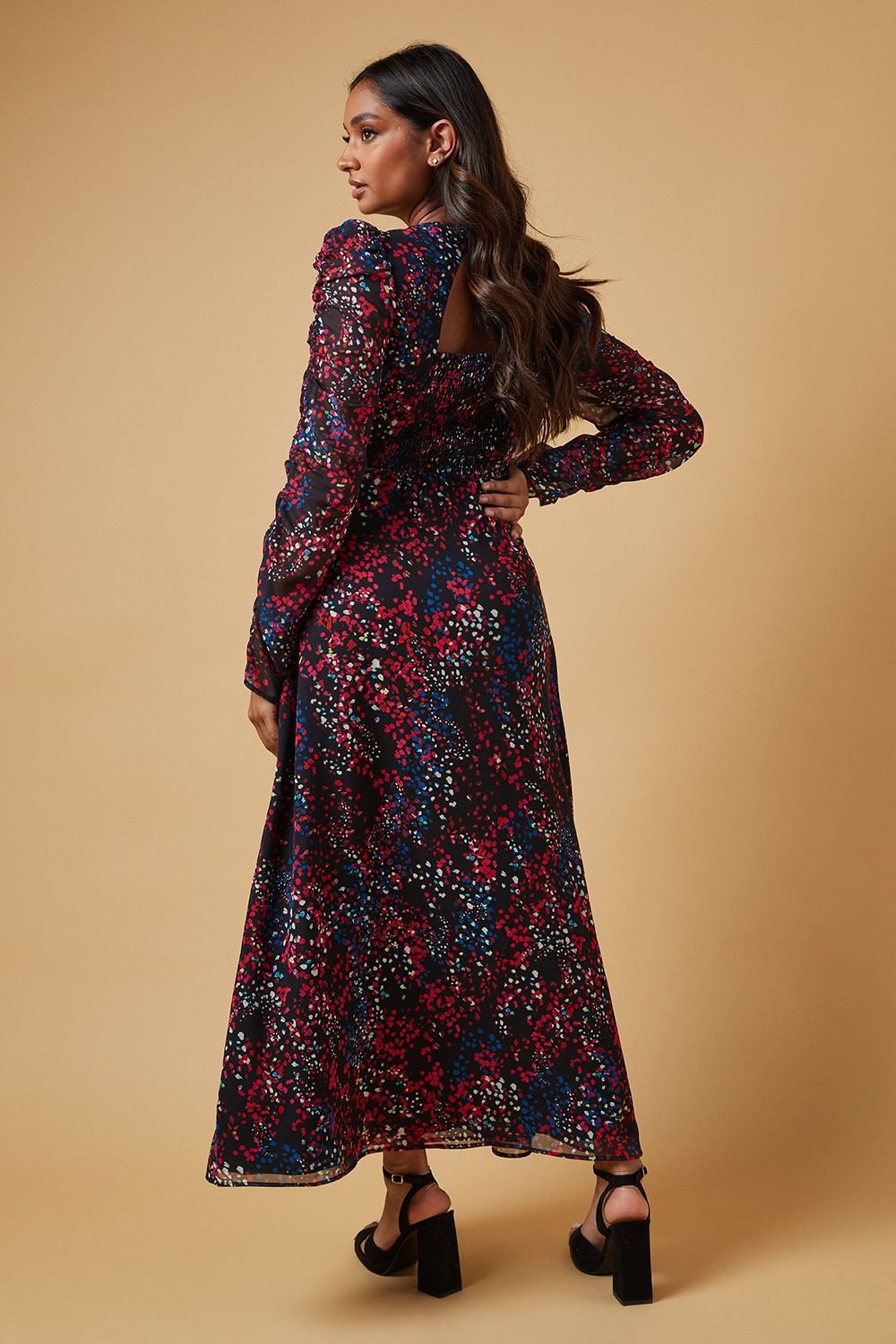 Oasis Oasis Women's Occasion Abstract Spot Ruched Sleeve Midaxi Dress in Black - 3