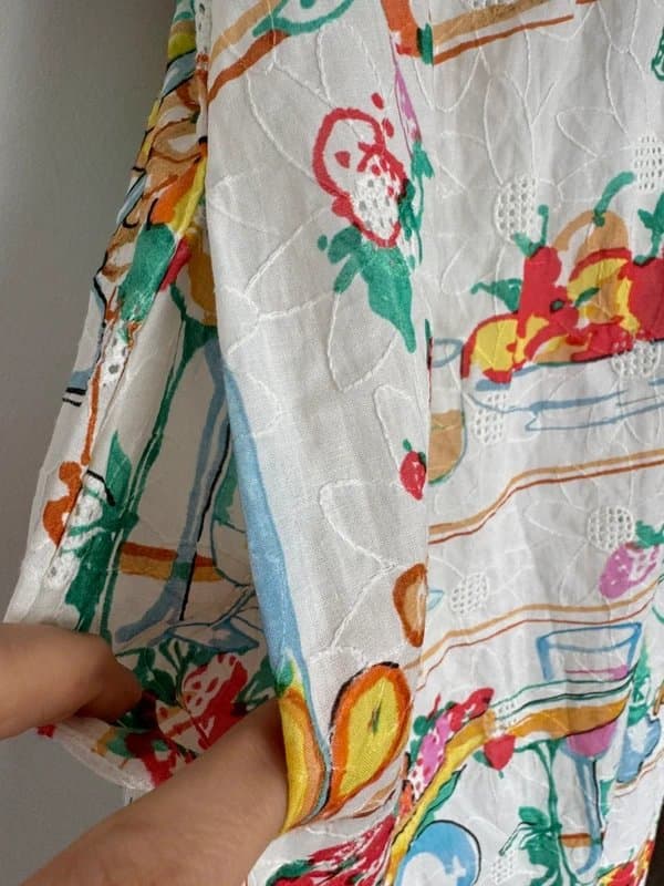 Oliver Bonas NEW (shop floor) Oliver Bonus Floral Embroidered Fruit Print Puff Sleeve Midi Dress (RRP£85) UK 18