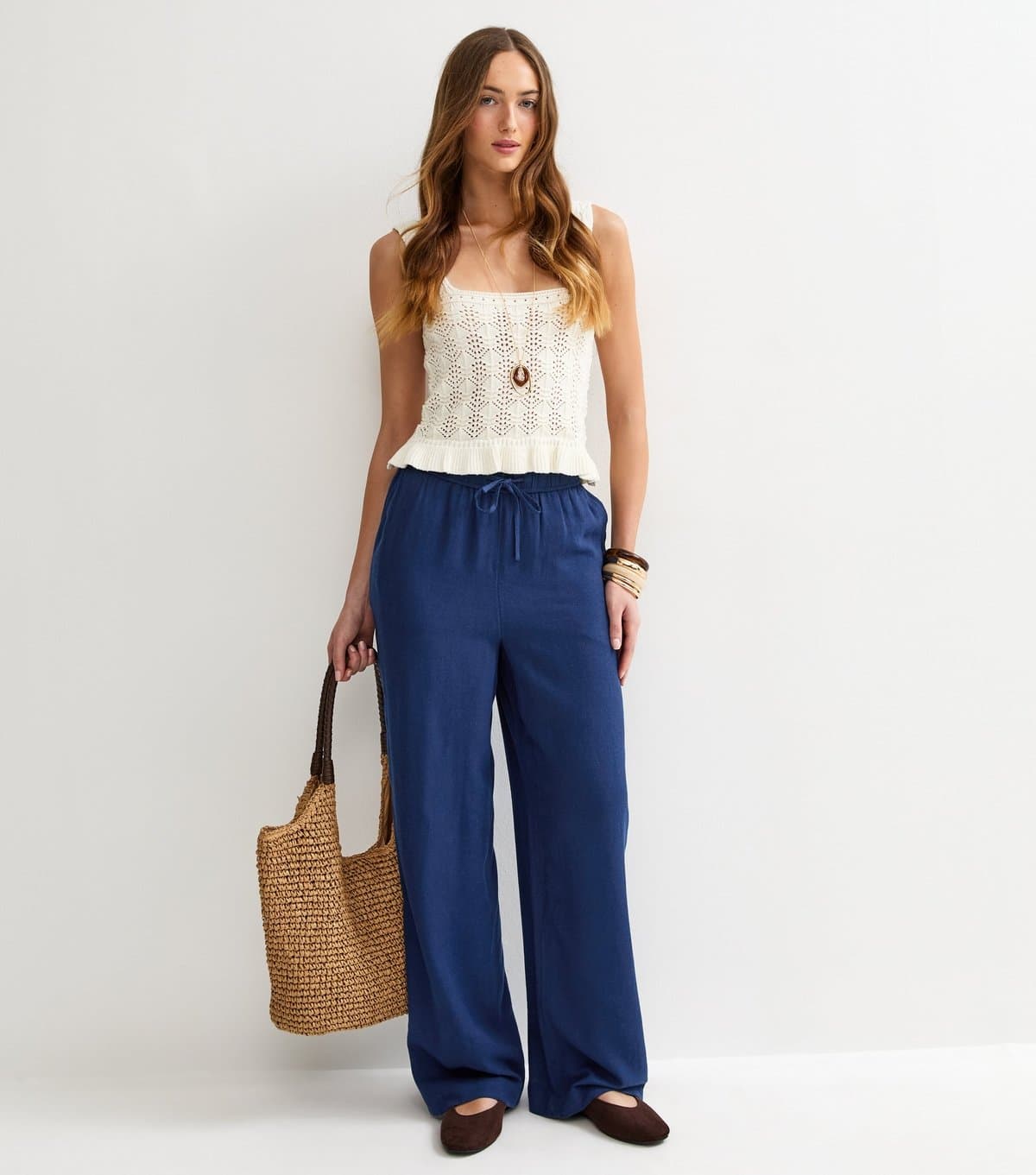 New Look Women's Tall Navy Linen Look Wide Leg Trousers New Look