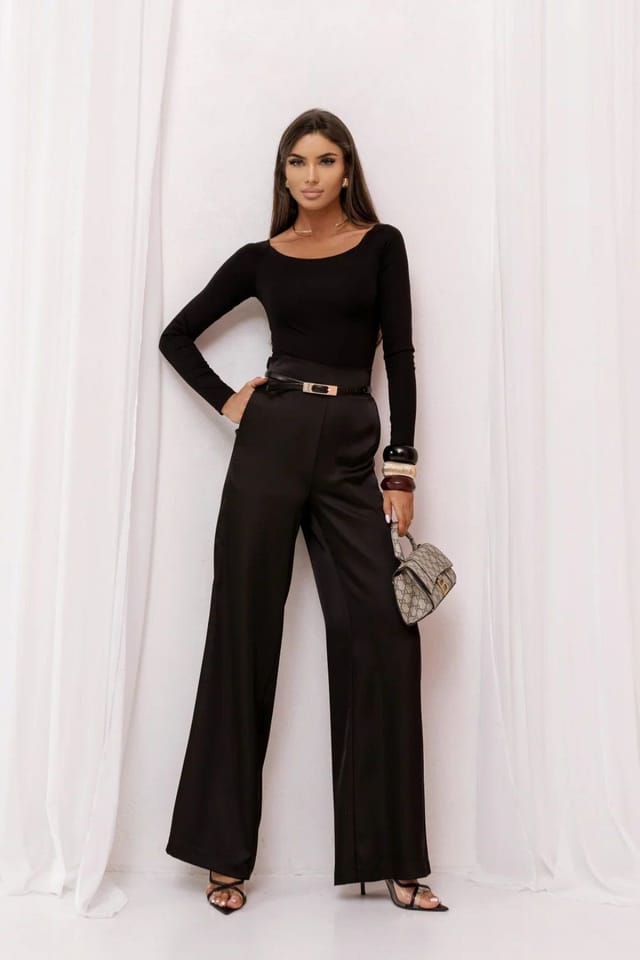 Love Lace Love Lace Women's Black Satin DIVA Wide Leg Trousers - 2
