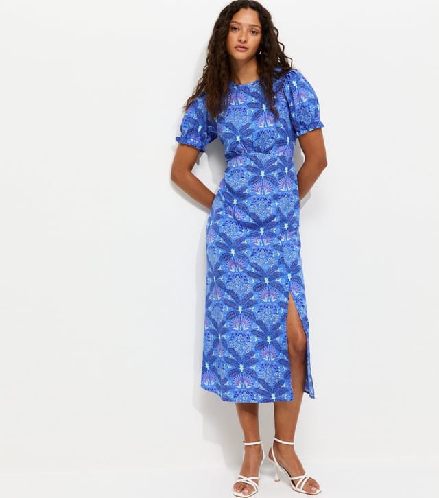 New Look Women's Blue Tropical Print Crepe Short Sleeve Midi Dress New Look - 3