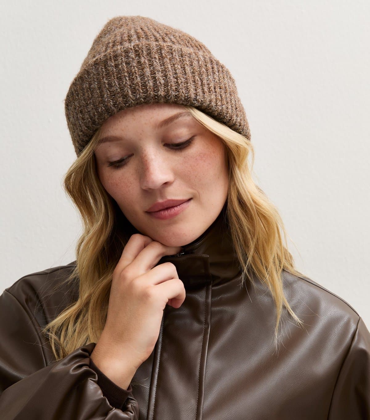 New Look Mink Twist Yarn Ribbed Knit Beanie New Look