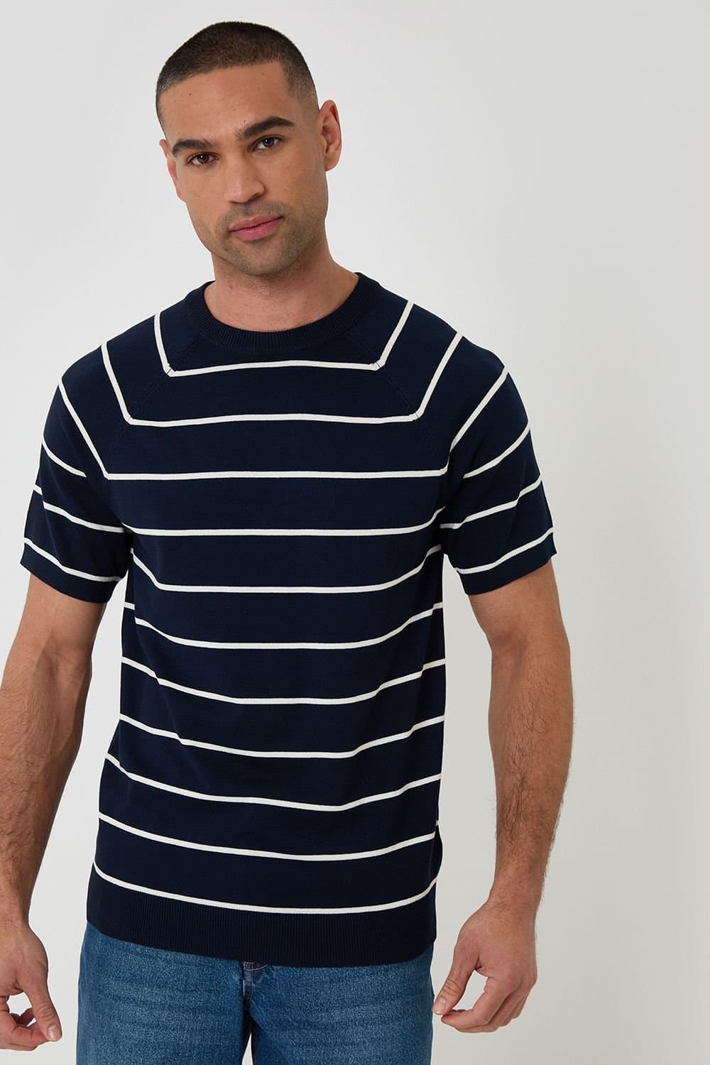Threadbare Threadbare Men's Textured Stripe Knitted T-Shirt in Navy