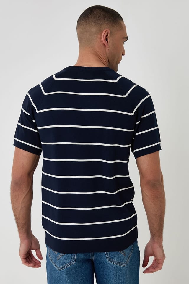 Threadbare Threadbare Men's Textured Stripe Knitted T-Shirt in Navy - 2