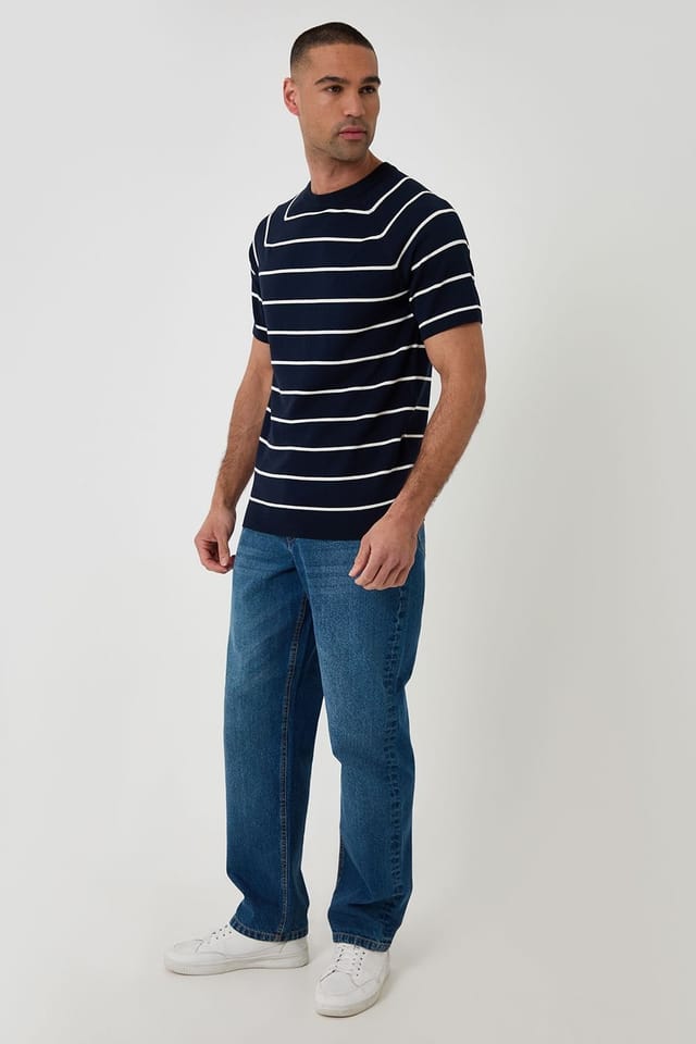 Threadbare Threadbare Men's Textured Stripe Knitted T-Shirt in Navy - 3