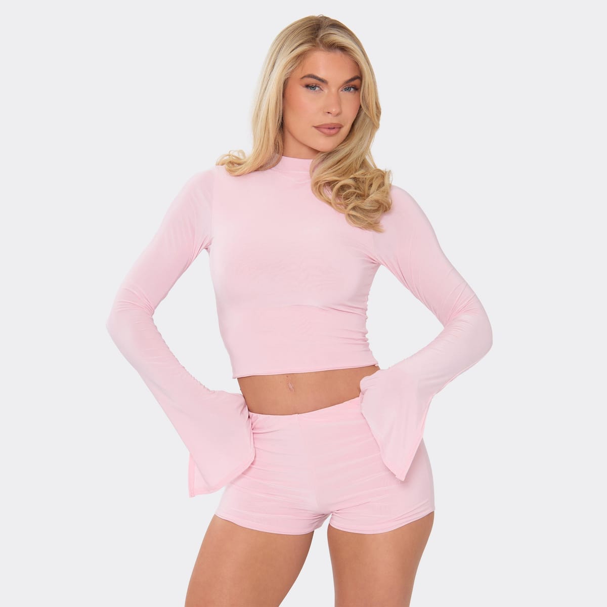 EGO Bell Sleeve High Neck Top In Baby Pink Slinky, Women's Size UK 6 - 1