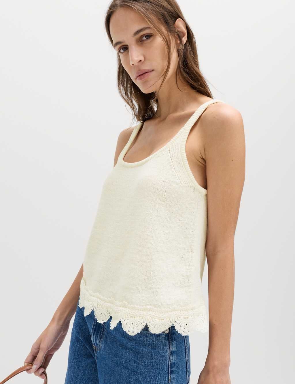 Marks & Spencer M&S Cotton Blend Lace Detail Cropped Knitted Vest Vanilla