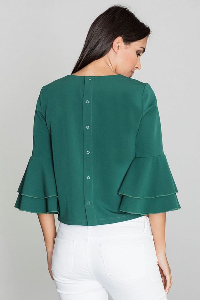 Love Lace Love Lace Women's Comfort Frill Sleeve Back Button Blouse in Green - 2