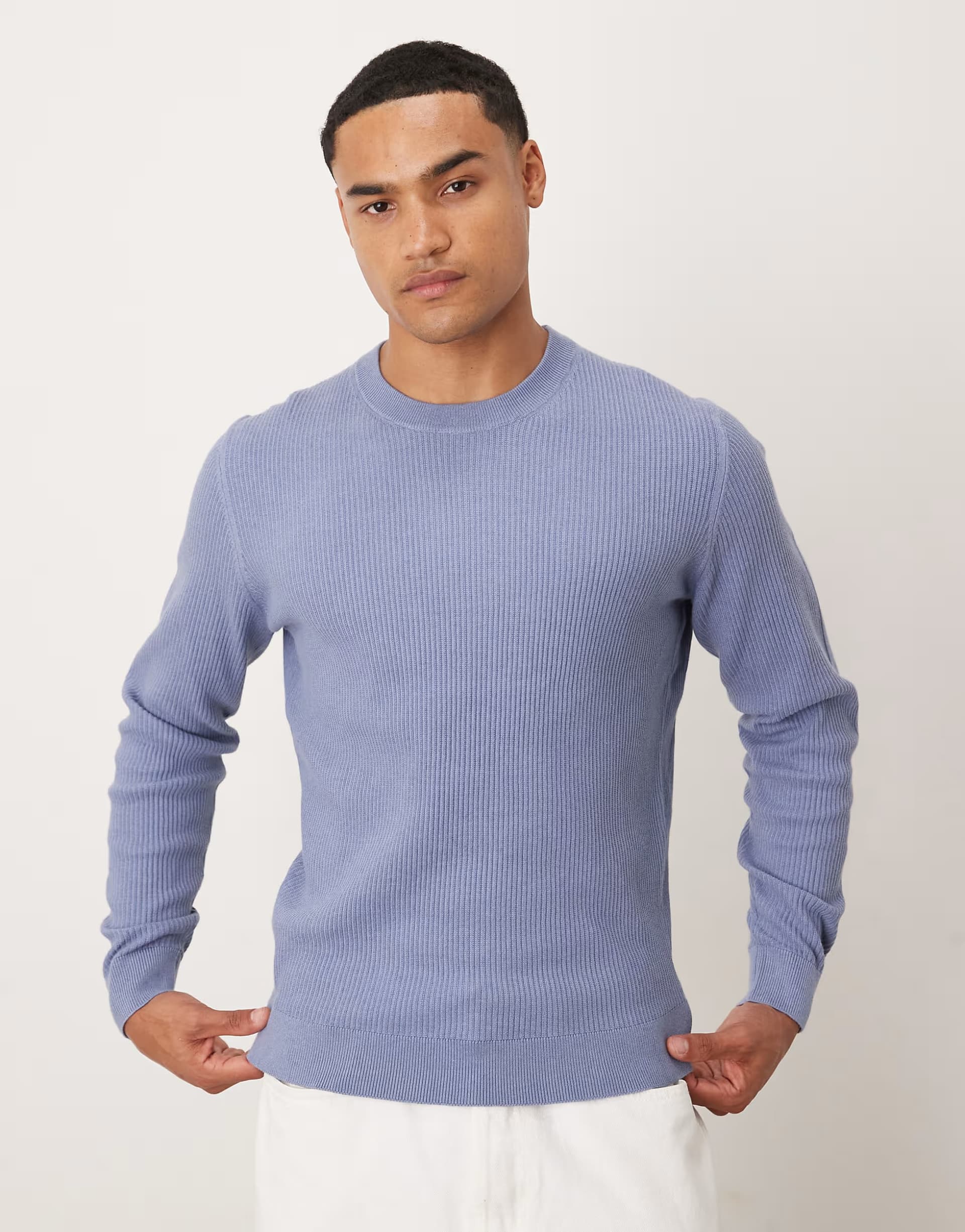 ASOS Mango cotton mix crew neck jumper in sky blue