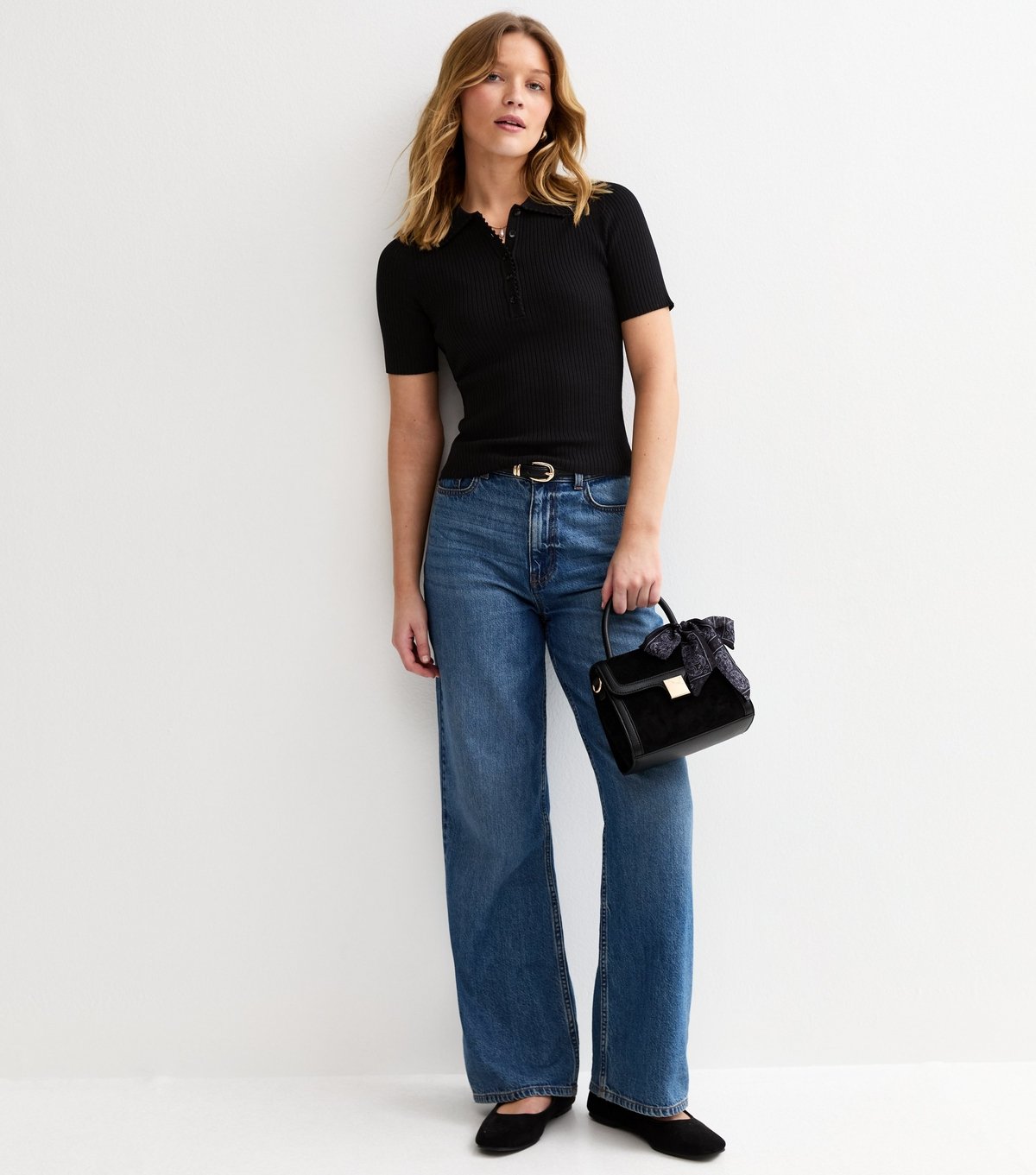 New Look Women's Black Ribbed Short Sleeve Polo Top New Look - 3