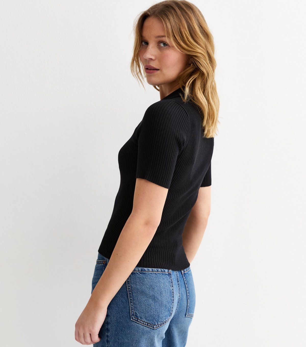 New Look Women's Black Ribbed Short Sleeve Polo Top New Look - 4